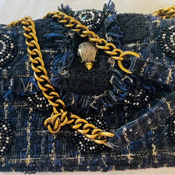 KURT GEIGER NAVY & BLACK EMBELLISHED with Gold Accent Tweed Handbag - Gold Chain - Picture 7 of 16
